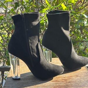 Fashion Nova Faux Suede Black Above-The-  Ankle Boots with Clear Heels Size 8/38